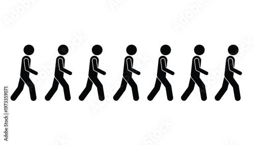 Multiple identical black stick figures walking in a line to represent movement or progress in visual design
