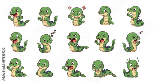 Cartoon sea serpent character displaying various emotions and actions  