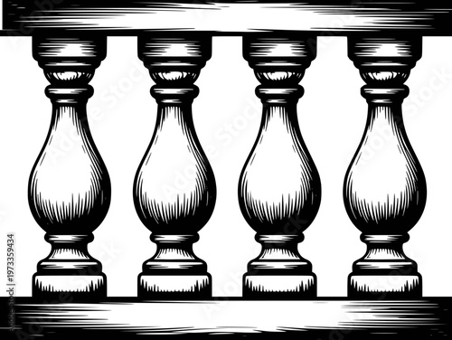 Black and white woodcut of a classical balustrade with ornate balusters and railing