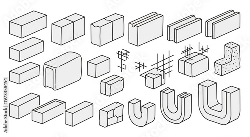 Isometric Technical Illustration of Diverse Construction Blocks