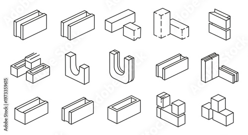 Isometric Line Art of Various Brick and Block Types