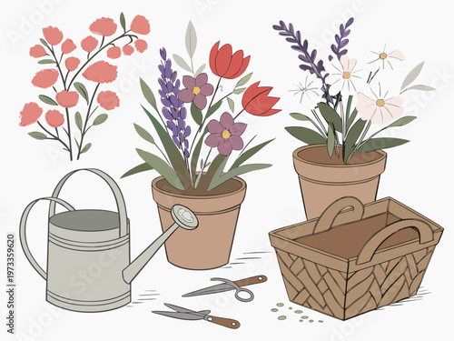 An illustrated arrangement of flowers gardening tools and potted plants
