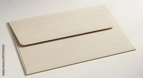 Closeup of a blank, creamcolored paper envelope with a classic flap design, positioned at an angle on a clean, neutral surface, ideal for stationery mockups