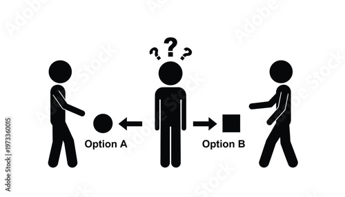 Confused stick figure pictogram contemplating between two different options presented as a circle and square.