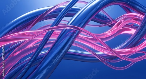 Vibrant pink and blue neon tubes intertwined on a blue background