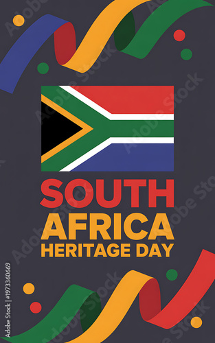 South africa heritage day colorful celebration graphic with flag and ribbons on dark background