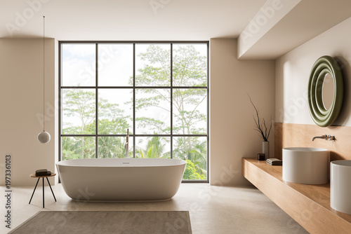 Serene modern bathroom interior featuring freestanding tub, panoramic window view of lush greenery, minimalist fixtures and soft neutral palette. 3D Rendering