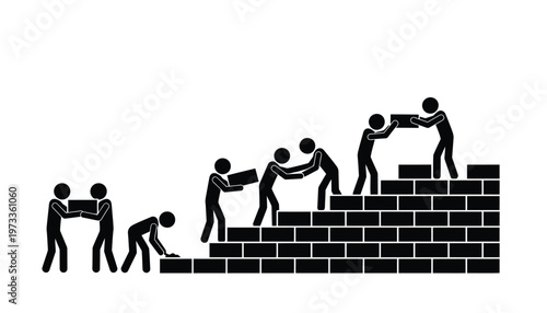 Stick figure people working together to build a tall wall using bricks for a construction project success