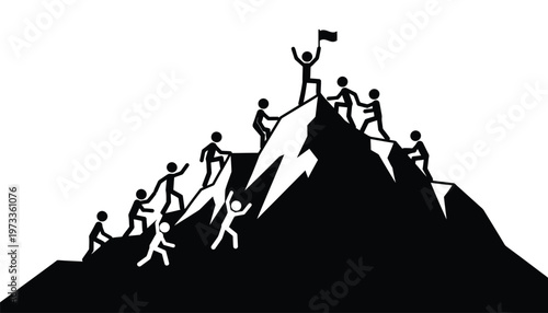 Group of people working together to reach the top of a high mountain peak for success