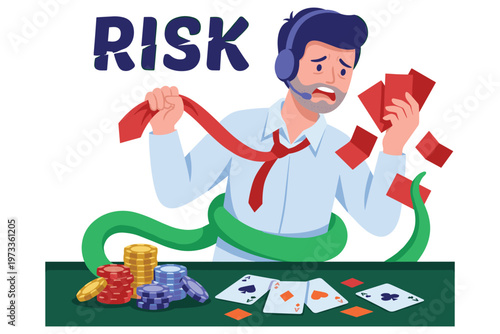 Businessman stressed by gambling risk vector illustration, financial and emotional pressure.