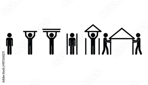 Simple stick figures demonstrate the sequential steps involved in constructing a building or house from scratch.