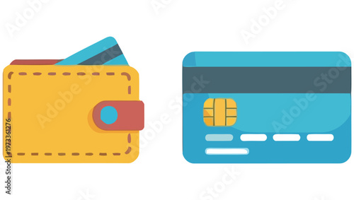 A vibrant illustration depicting a yellow wallet and a blue credit card