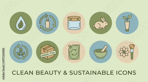 Clean beauty concept icon set with eco-friendly cosmetic symbols and sustainable packaging icons