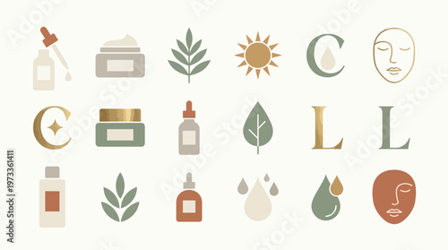 Clean luxury beauty icon set inspired by high-end skincare brands, simple shapes, sophisticated minimal vector