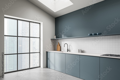 Modern minimalist kitchen interior with sleek cabinets, large window, soft lighting, clean countertops, and contemporary architecture details in calm tones. 3D Rendering
