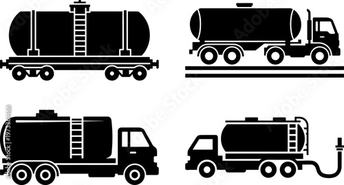 Four black silhouettes of different oil tanker trucks and train cars on white background for industrial and transportation concepts