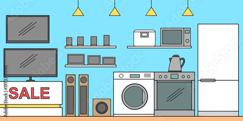 Electronics store interior graphic color sketch illustration vector 