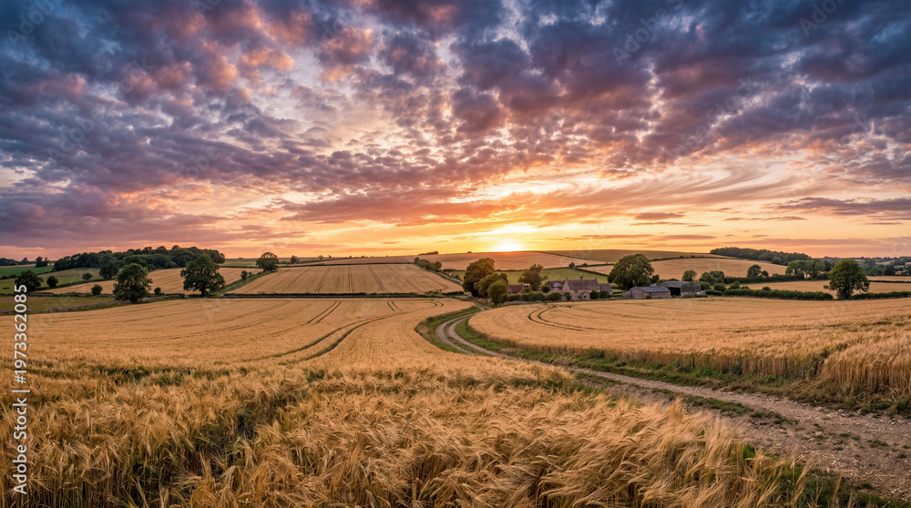 Fototapeta premium Golden wheat fields at sunset with dramatic clouds and a country road