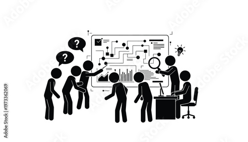Team of stick figures collaboratively analyzing data, brainstorming solutions, and developing new ideas for business innovation.