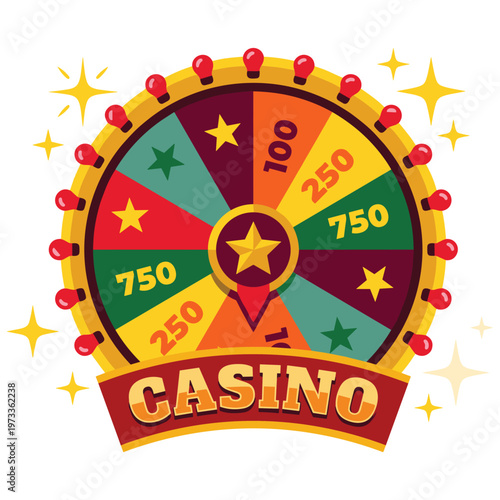 Casino roulette wheel with prize money and stars isolated on white background.