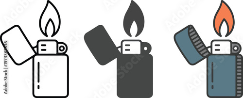 Minimalist cigarette lighter vector icon set featuring flame ignition in outline, solid silhouette, and flat blue color styles for camping and utility branding.
