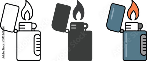 Minimalist cigarette lighter vector icon set featuring flame ignition in outline, solid silhouette, and flat blue color styles for camping and utility branding.
