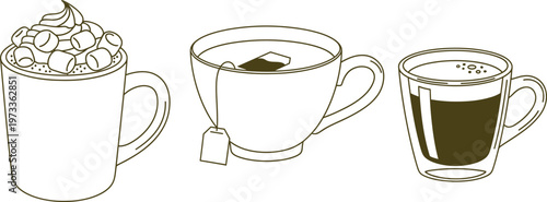 Set of popular hot beverages featuring coffee tea and hot chocolate with marshmallows presented in a minimalist outline vector illustration style for cafe menus or web elements