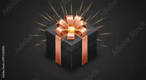 Elegant black gift box with a shimmering rose gold ribbon and glowing festive sparkles, perfect for celebrations and special occasions