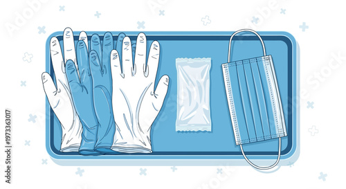 Medical Gloves, Mask, and Sanitizer on Tray - Personal Protective Equipment Set