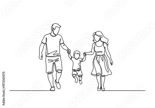 Continuous One Line Drawing of Happy Family Walking Together. Minimalist Vector Illustration of Father Mother and Son Holding Hands for Parenting and Love Concept.