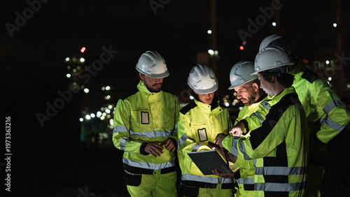 Five Construction Workers Examine Construction Site with Laptop, Reviewing Plans in Dimly Lit Industrial Area, Wearing Hard Hats and Yellow Vests, Conducting Inspection Work at Nighttime.