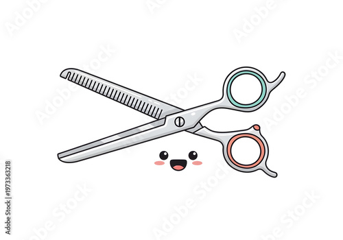 Charming cartoon thinning shears illustration featuring a happy, friendly face, perfect for creative salon branding, barber shop promotions, pet grooming services, or whimsical beauty designs