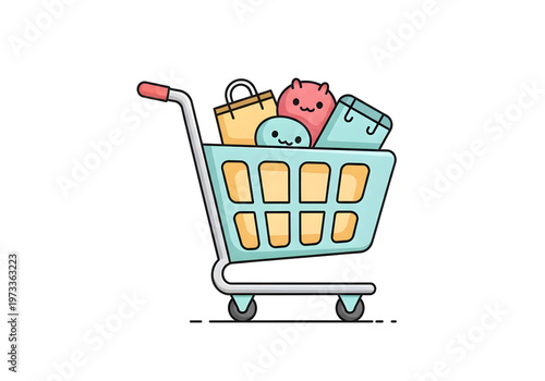 Cute cartoon shopping cart filled with groceries and shopping bags, perfect for e-commerce and retail promotions