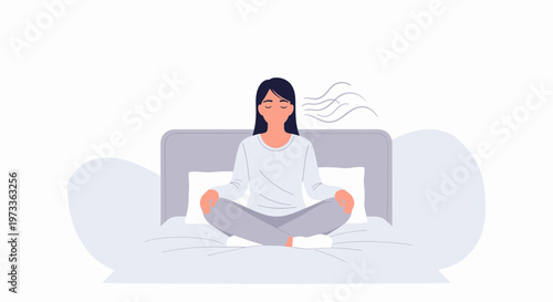 Woman meditating on bed, practicing deep breathing for relaxation and mindfulness