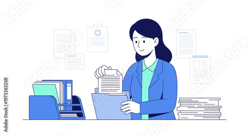Woman organizing documents in office, business paperwork and filing system concept