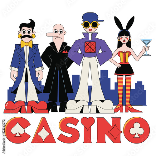 Four stylized characters standing in front of casino city skyline with word CASINO below them.
