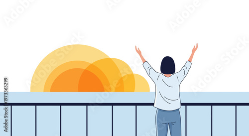 Woman with arms raised welcoming sunrise over city skyline, hope and new beginnings