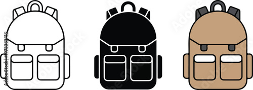 Minimalist travel backpack vector icon set featuring a rucksack with pockets in outline, solid silhouette, and flat tan color styles for hiking and school branding.