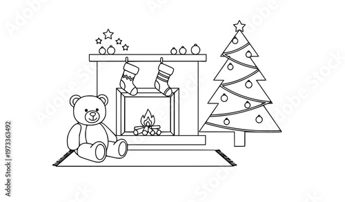 SEO Title
Cute teddy bear Christmas fireplace coloring page vector holiday interior outline illustration