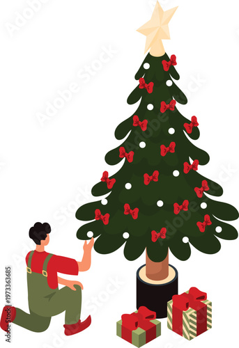 Person kneeling and admiring a festive christmas tree with gifts