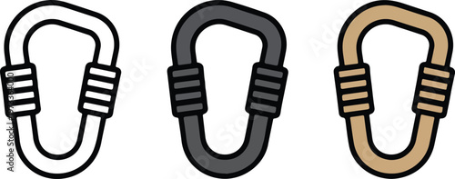 Minimalist climbing carabiner vector icon set featuring screw-lock D-rings in outline, solid dark gray, and flat tan color styles for mountaineering and outdoor gear branding.