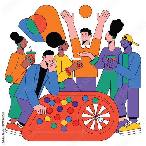 Group of diverse people celebrating around a roulette table with balls, party atmosphere.