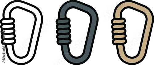 Minimalist climbing carabiner vector icon set featuring screw-lock D-rings in outline, solid dark gray, and flat tan color styles for mountaineering and outdoor gear branding.