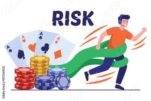 Illustration of gambling risk with man escaping from green tentacle and poker chip stacks.