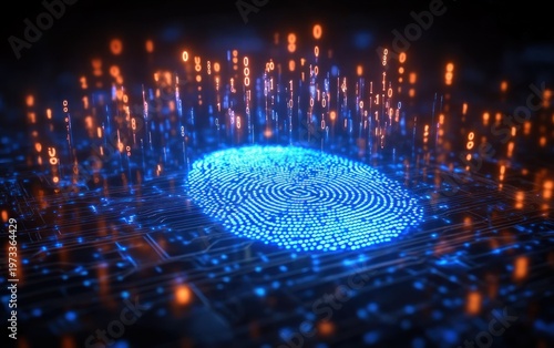 glowing blue digital fingerprint on a circuit board with rising orange binary code, futuristic secure authentication and high-tech scanning atmosphere