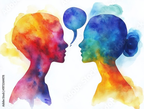 two colorful watercolor human silhouettes facing each other with a speech bubble conveying thoughtful conversation and emotional connection