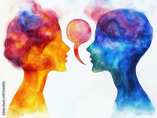 Two watercolor profile silhouettes facing each other in warm orange-red and cool blue-purple tones with a shared speech bubble, conveying a gentle empathetic dialogue and connection