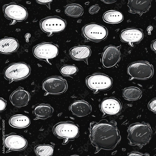 hand-drawn monochrome speech bubbles with ellipses scattered across a dark space conveying silence, hesitation and overwhelming quiet