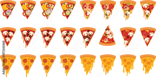 Set of cartoon pizza slices with melted cheese toppings and funny characters isolated vector illustration collection for food design