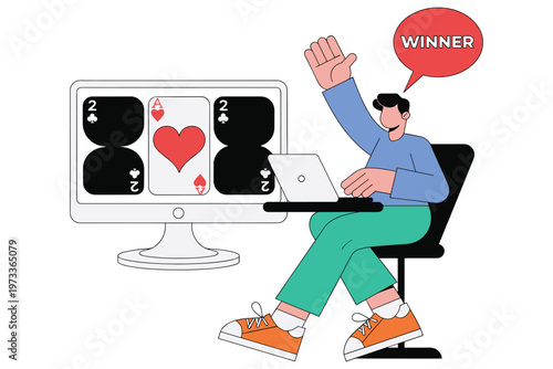 Man wins online poker game on computer with playing cards, celebrating victory.